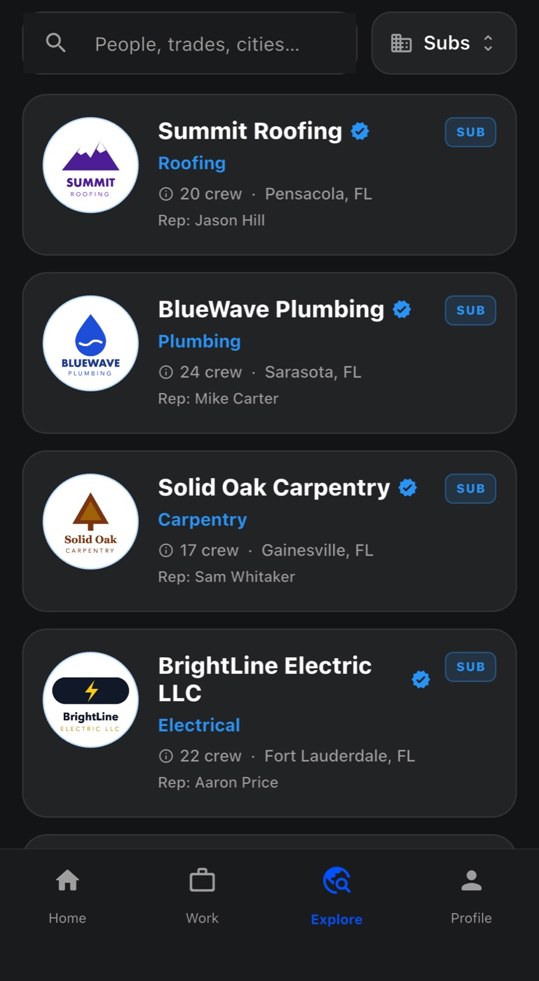 Subcontractors in the Bula Work app